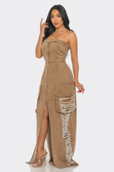 Vintage Washed Distressed Cargo Maxi Dress