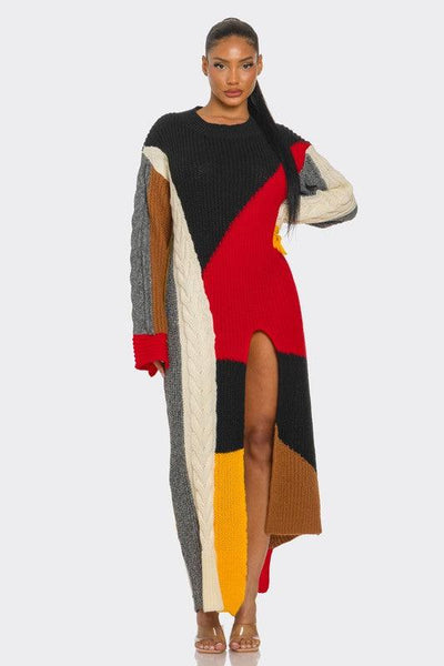 Color-Block Cable Knit Maxi Dress