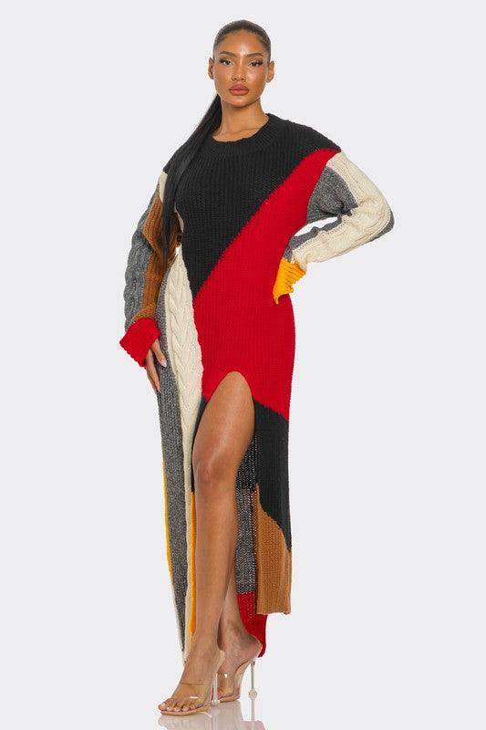 Color-Block Cable Knit Maxi Dress