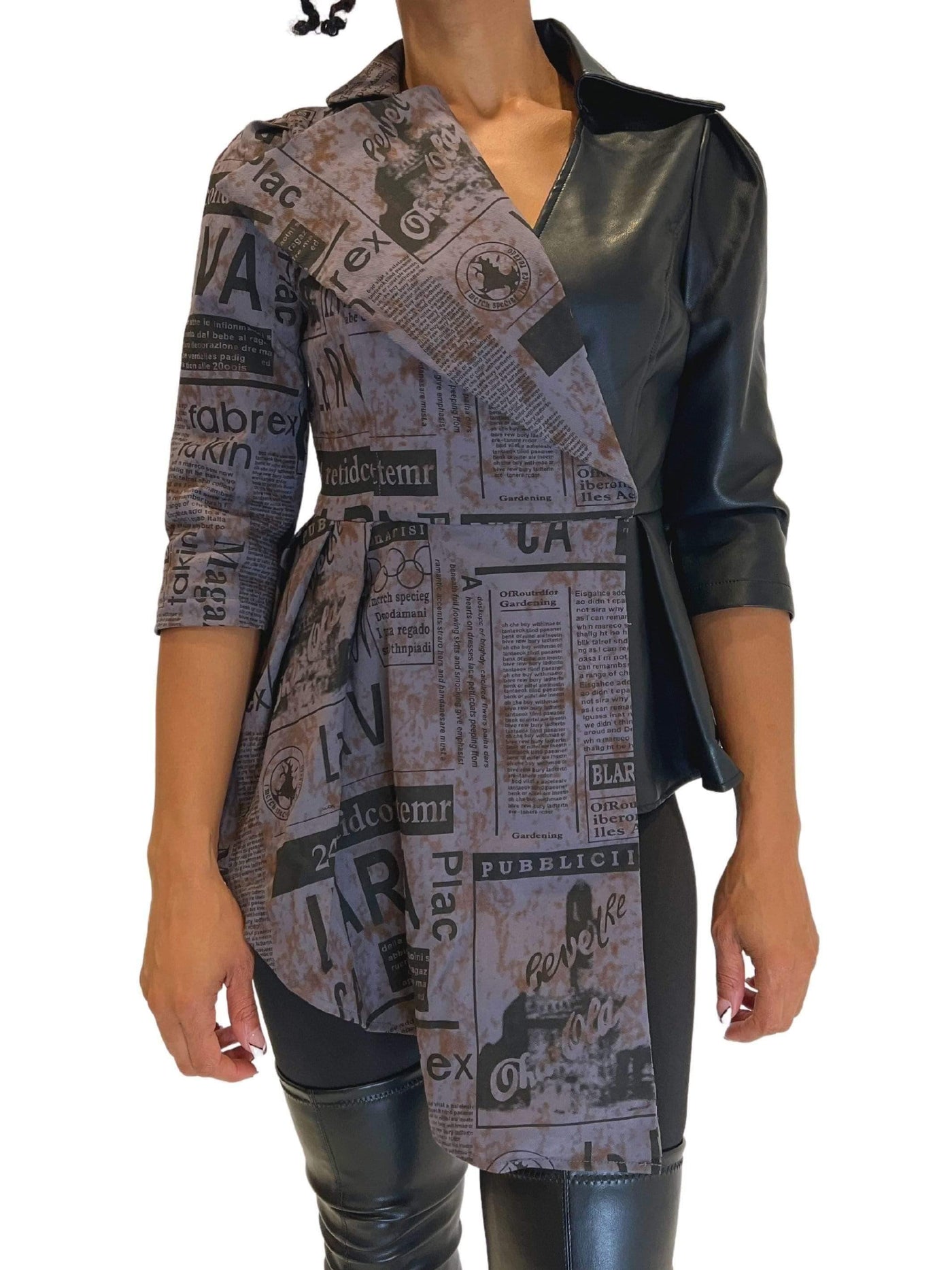 Headlines | Graphic Leather Jacket - Statement Piece NY 3/4 Sleeve, _tab_size-chart, Black, Blossom 2021, Brooklyn Boutique, chic, cute jacket, cute jackets, denim, edgy jacket for women, Fall, Fall Fashion, Grey denim, jacket, Jackets, Misses, Monochrome, moto, moto jacket, not clearance, Ships from USA, Standard Fall, statement, Statement Clothing, statement piece, Statement Piece Boutique, statement piece ny, Statement Pieces, Statement Pieces Boutique, stylish coat, Women's Boutique Statement Outerwear